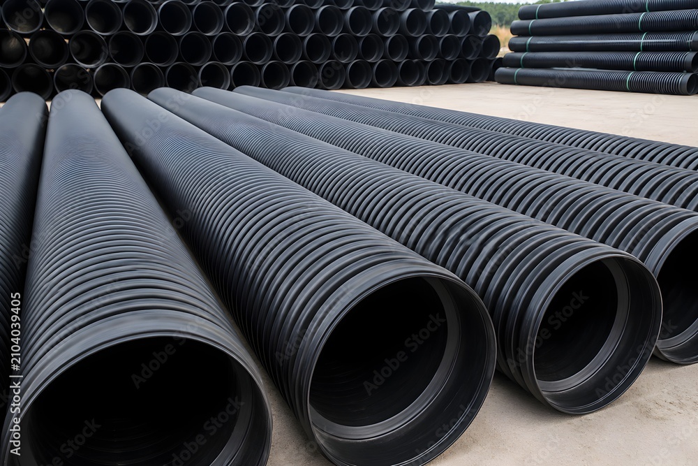 Obraz premium Corrugated Drainage Pipes Arranged Across Construction Yard Featuring Ribbed Surfaces and Strong Linear Composition Design