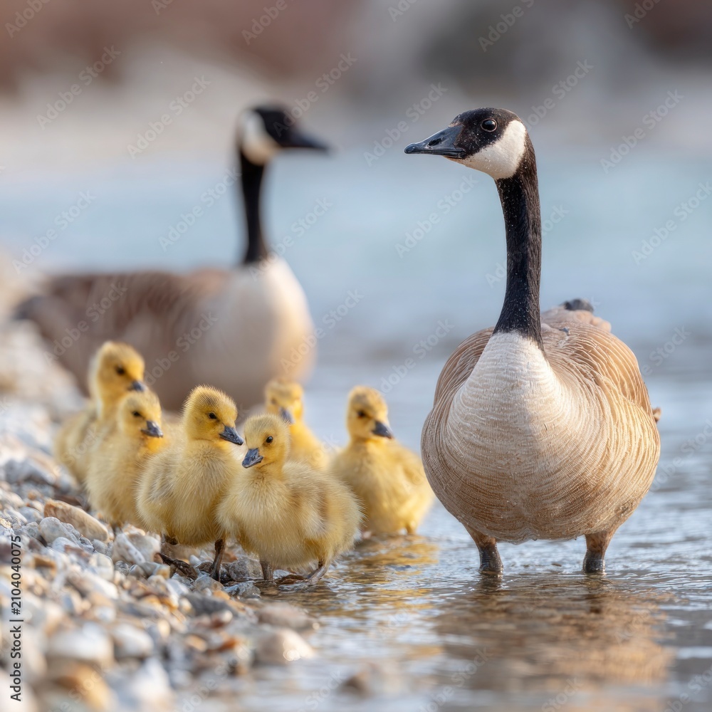 Obraz premium An adult goose standing in shallow water on a rocky shoreline with a group of small yellow goslings gathered nearby on a sunny day.