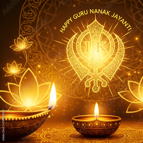 Guru Nanak Jayanti Celebration: Glowing Lamps, Sikh Symbol, Lotus Flowers, Festive Lights