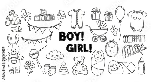 Hand drawn baby items and accessories set for nursery design including toys clothes and newborn elements line art illustration
