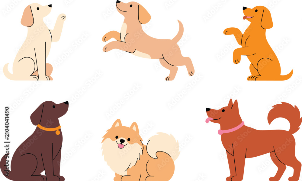Obraz premium Puppy pack flat vector illustration. Six cheerful domestic dogs showcase different behaviors like sitting, begging, jumping, and standing alert.