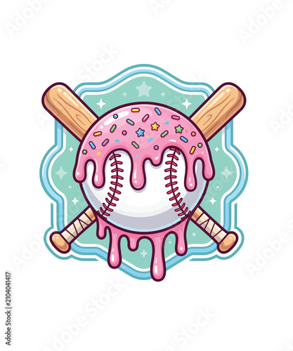 Decorative baseball emblem with pink melting frosting and colorful sprinkles over crossed wooden bats, isolated on a light blue shield background, vector art.