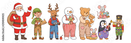 Set of festive Christmas characters including Santa Claus, an elf, a reindeer, a snowman, a teddy bear, a mouse, and a nutcracker, isolated on a white background.