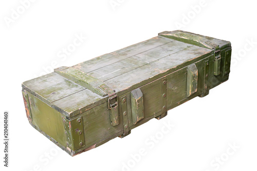 Foto Large wooden military storage box painted in muted olive green, positioned diago
