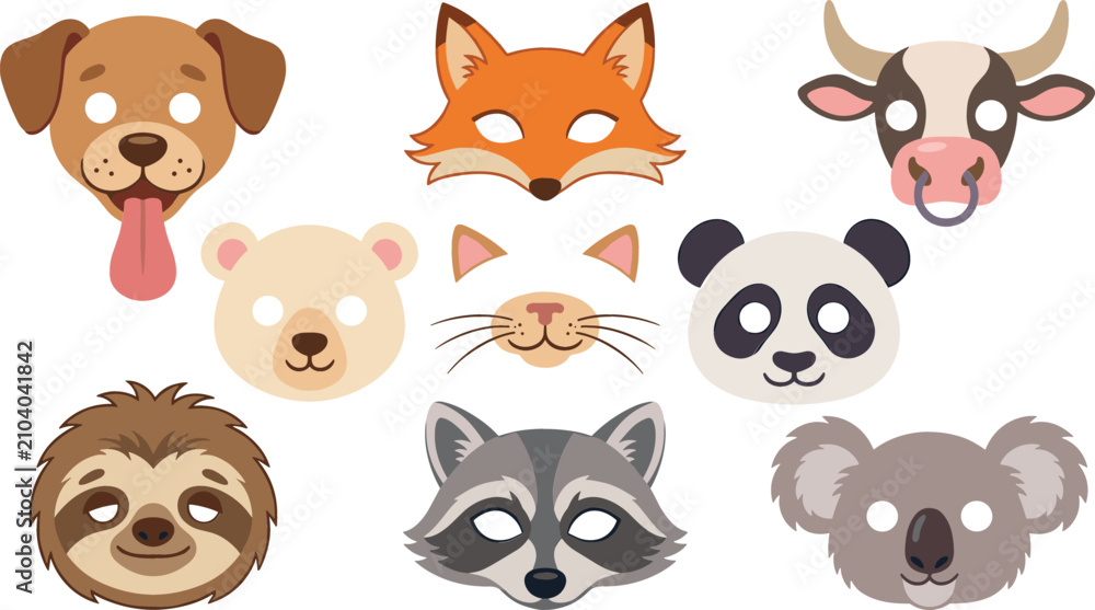 Fototapeta premium Cute animal paper masks vector collection for kids party featuring cartoon dog, fox, bull, bear, cat, panda, sloth, raccoon, koala isolated on white.