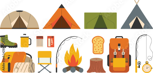 Fotografie Camping equipment flat vector illustration