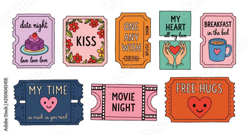 Hand-drawn Romantic Love Coupon Set for Couple Gift Ideas with Cute Illustrations