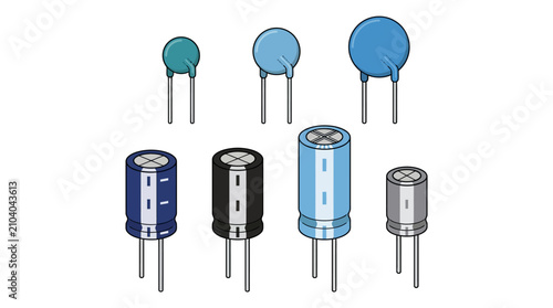 Assorted electronic capacitors and components illustration.