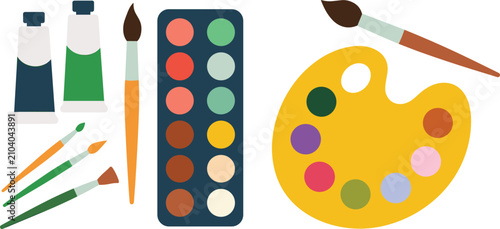 Painting tools flat vector illustration. Watercolor palette, paint tubes, brushes and a wooden artist palette offer essential fine art supplies.