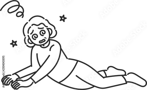めまいで倒れる高齢の女性のイラスト　線画のみ