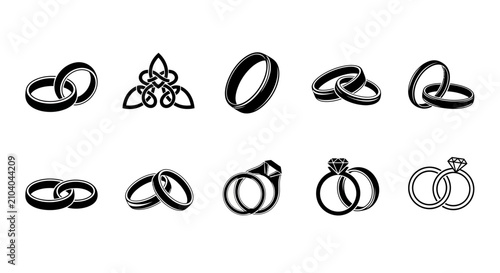 Vector wedding rings icon set in black and white silhouette style featuring engagement bands, interlocking rings, and Celtic knot elements