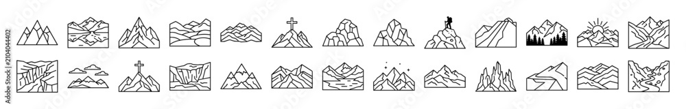 Naklejka premium Set of mountain and landscape outline icons including peaks, valleys, rivers, hiking, and scenic views in minimalistic style on transparent background