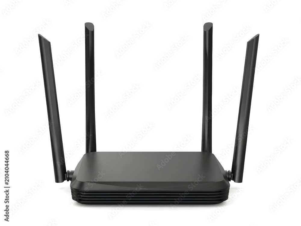 Fototapeta premium Modern Wireless Router With Multiple Antennas Isolated on Clean White Background for Technology Marketing Use