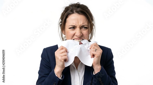 Stressed businesswoman biting a piece of white paper isolated on white background