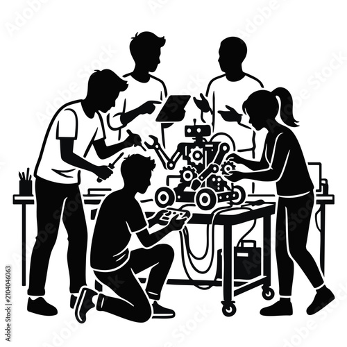 Teenagers in robotics club. Silhouette vector illustration of young students building and programming a robot. STEM education and engineering concept isolated on transparent background