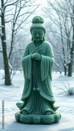 Ancient Stone Buddha Statue in a Peaceful Garden Park with Traditional Asian Architecture and Spiritual Cultural Heritage