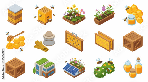 Tablou pe pânză Colorful Isometric Beekeeping and Honey Production Icons.