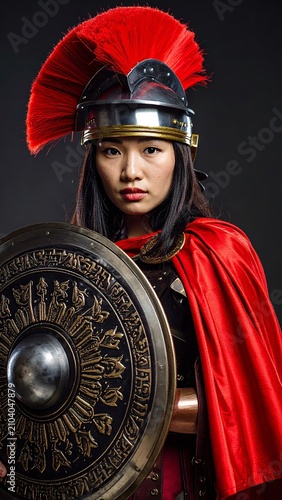 Portrait of a valiant Legionary: woman warrior in authentic Roman armor posing with shield