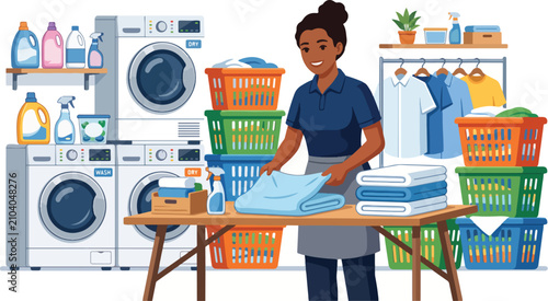 Smiling laundry worker folding clean clothes at a laundromat offering professional laundry service with washing