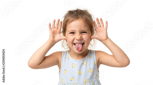 Funny little girl making a silly face and sticking her tongue isolated on white background