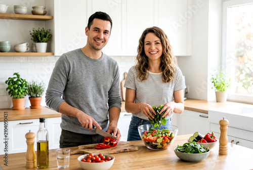 Happy couple preparing healthy salad in kitchen. Man and woman cooking fresh vegetables together.