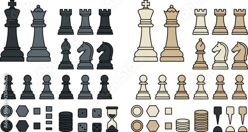 Cuadro en lienzo Complete chess piece vector illustration set featuring black and white king quee