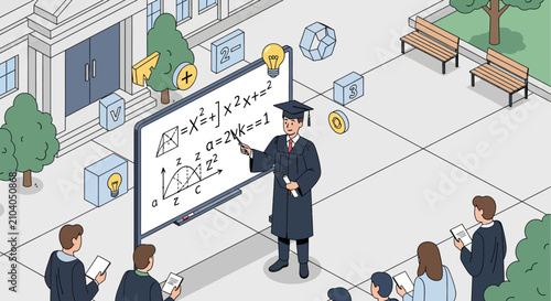 Professor teaching mathematics to students in an outdoor university setting.