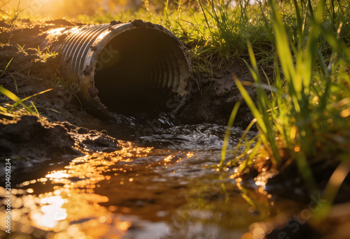 Vibrant drainage pipe discharging water into a grassy field at sunset