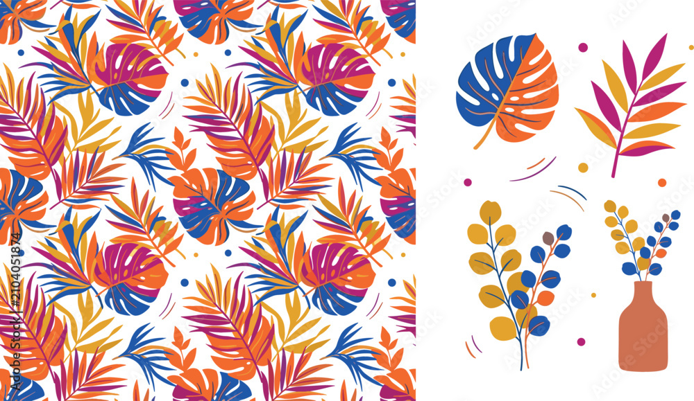 Naklejka premium Colorful tropical palm leaves seamless pattern and vector element set with monstera leaf botanical branches and vase isolated on white background