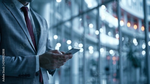 Person in formal attire uses a mobile device amidst a blurred modern architectural backdrop.
