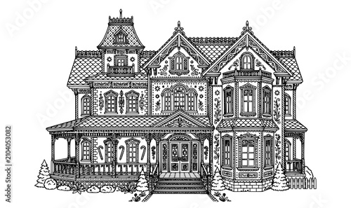 Detailed Victorian gingerbread mansion coloring page vector with intricate holiday line art for adults