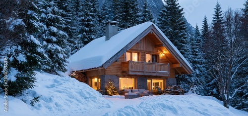 Nestled among snow-covered firs, this charming mountain cabin glows warmly, creating a peaceful winter retreat ambiance.