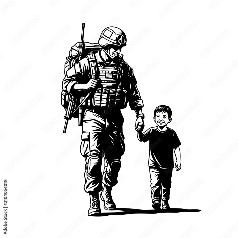 Fototapeta premium Soldier and Child Holding Hands, Military Father and Son Connection