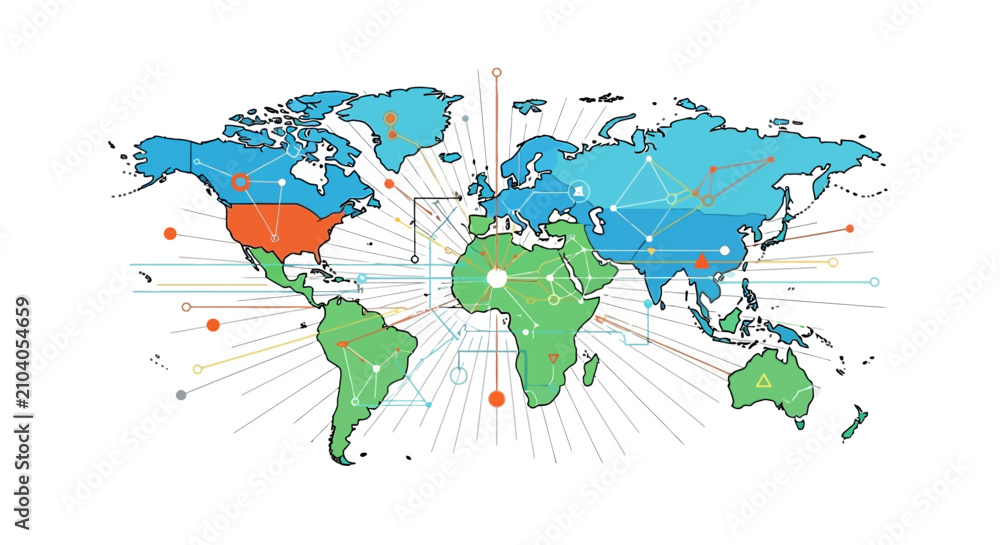 Naklejka premium Global network and communication connections visualized across continents and countries with digital data lines