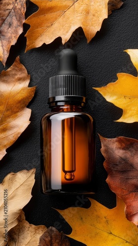 Nature's beauty captured with an amber serum amongst autumn leaves.