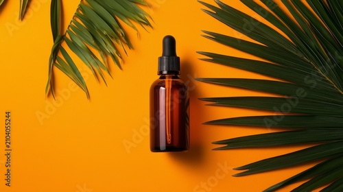 Aesthetic arrangement of an amber spray bottle with palm leaves on an orange surface.