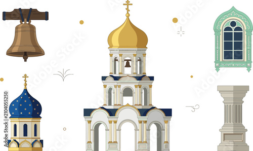 Quadro su tela Orthodox church architecture vector elements set with golden dome, blue onion ro