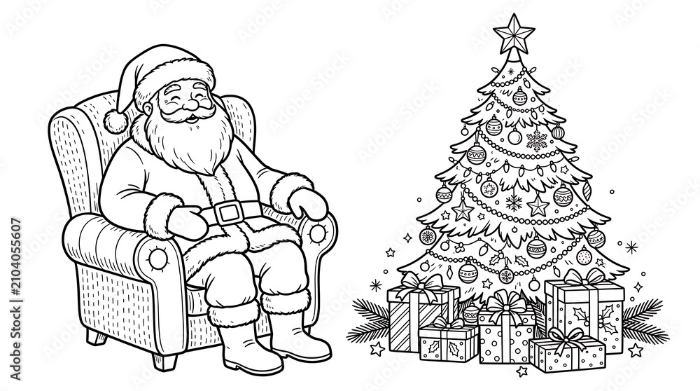 Fototapeta premium Santa claus sitting in a chair by a decorated christmas tree isolated on white background