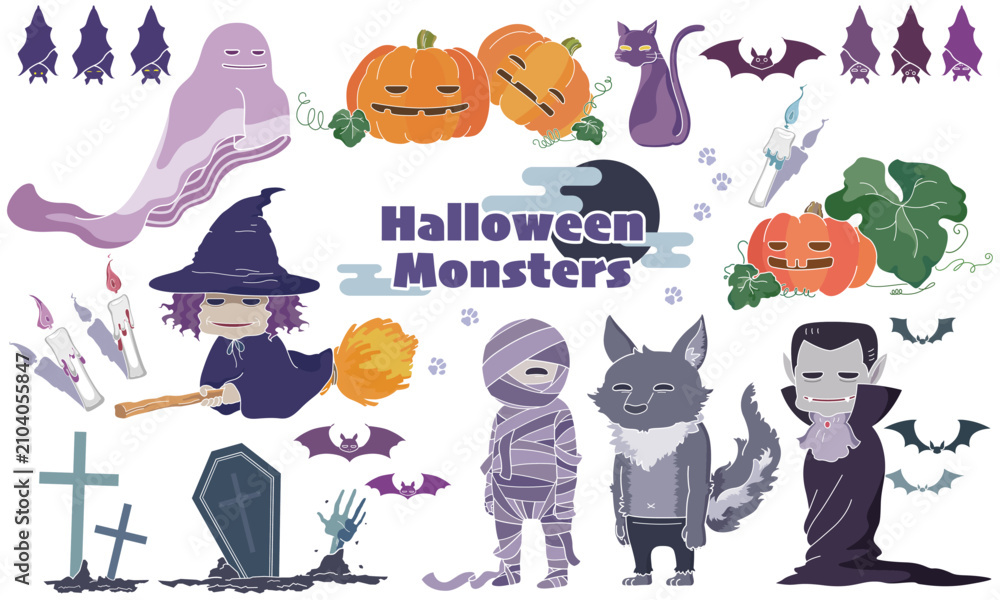 Fototapeta premium Halloween Character Clipart Set with Witch, Vampire, Ghost, Mummy, Werewolf and Jack-o'-Lantern Vector