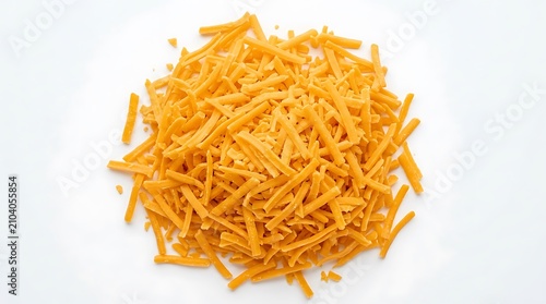 Pile of fresh shredded cheddar cheese isolated on white background