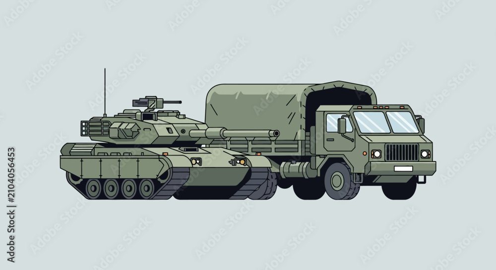 Obraz premium Military tank and transport truck in pixelated style, army illustration