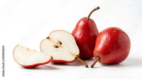 Fresh red pears whole and sliced on a table isolated on white background
