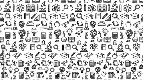 Seamless pattern of science and education icons featuring school and laboratory gear