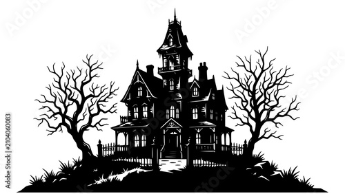 Φωτογραφία Black silhouette of a scary haunted house with dead trees on a small grassy hill