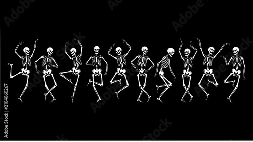 Group of funny skeletons dancing together in a row on a dark black background
