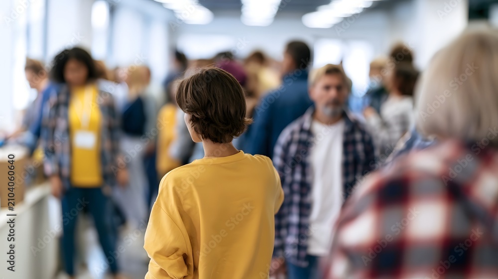 Fototapeta premium A person in a yellow shirt stands among a crowd of people in an indoor space with bright lighting