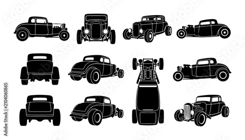 Obraz na płótnie Retro Hot Rod Car Silhouettes, Vintage Coupe Vector Set, Classic Automobile Icon