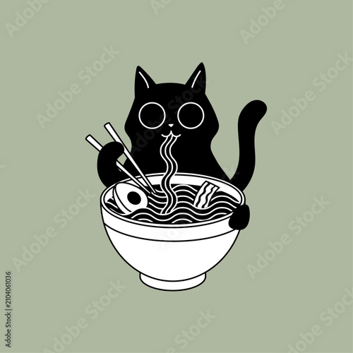 Obraz na płótnie Cute black cat eating ramen noodles with chopsticks vector illustration