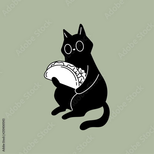 Cute black cat holding and eating a large taco vector illustration