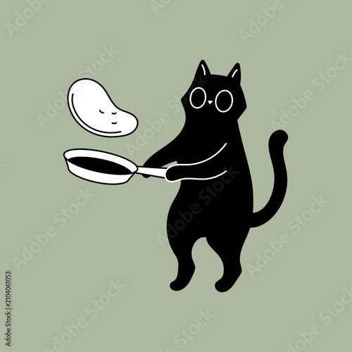 Cute black cat flipping a pancake in a frying pan vector illustration
